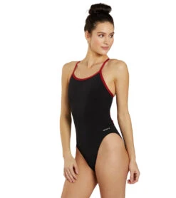 HydroLast Piped Thin Strap One Piece Swimsuit -TYR Shop 7595852628136 blackmaroon 4a